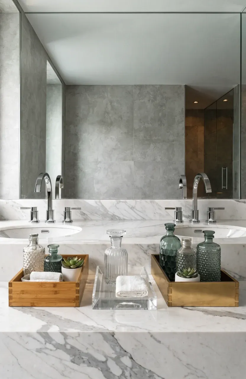 A wide shot of a marble bathroom vanity styled with bamboo, brass, and acrylic trays.
