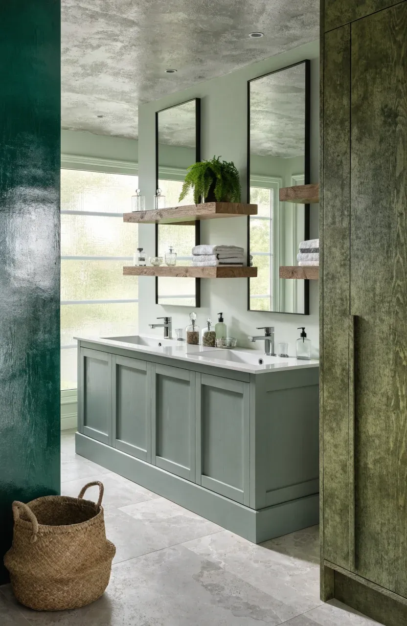 A luxury bathroom featuring a sage green vanity, olive cabinet, and emerald accents.