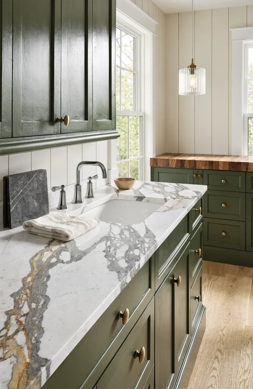 An olive green vanity with a white marble top and a walnut wood accent counter.