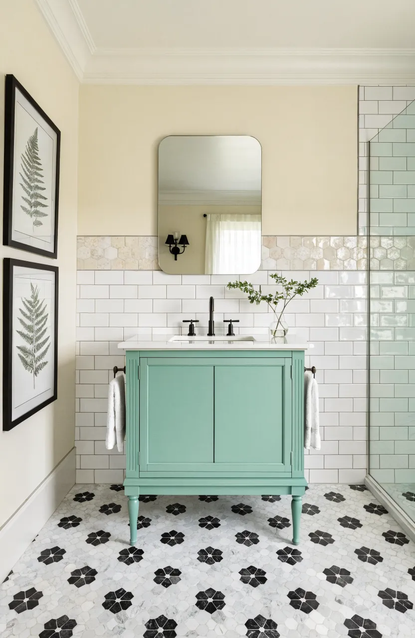 A seafoam green vanity set against white subway tiles and black and white floor tiles.