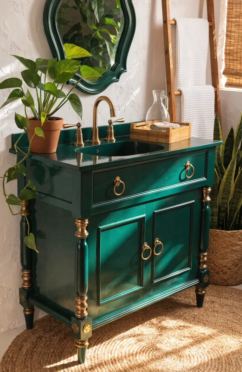 A forest green bathroom vanity styled with a trailing pothos plant and a jute rug.