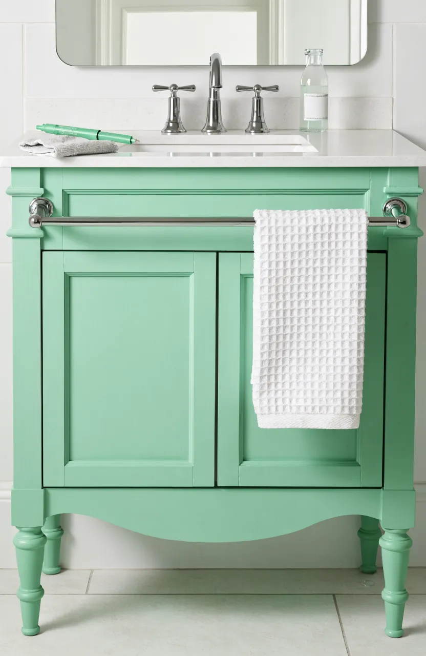 A mint green vanity with a microfiber cloth and paint touch-up pen for maintenance.