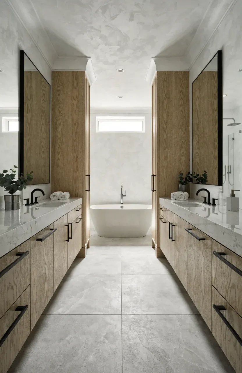 A modern bathroom with two separate oak vanities and a central freestanding tub.