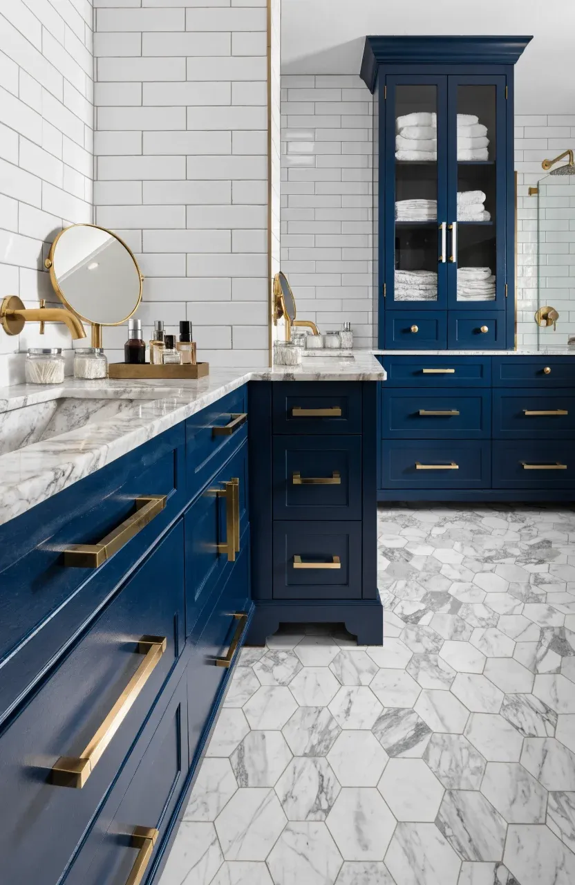 An L-shaped bathroom layout featuring navy blue vanities on adjacent walls with gold accents.