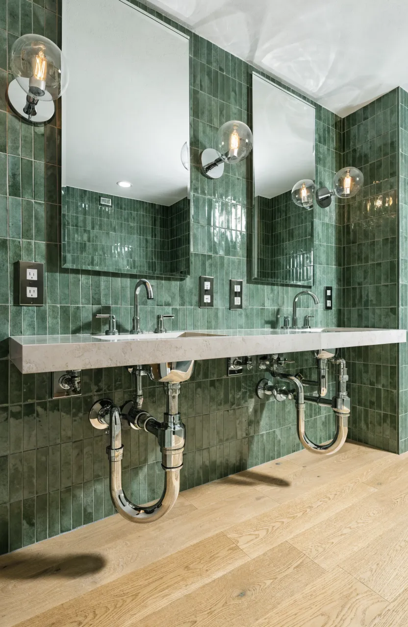 Two bathroom vanity stations showing separate plumbing fixtures and electrical outlets.