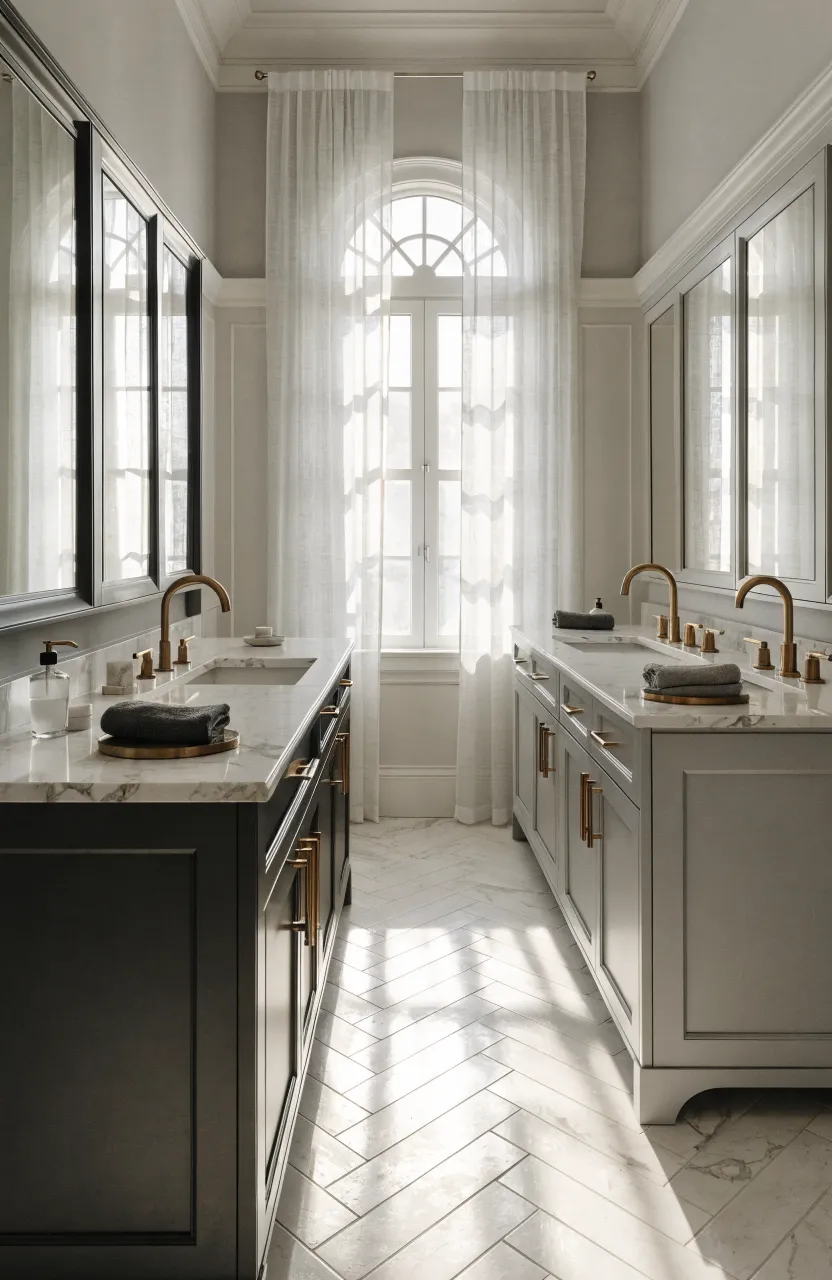 Two separate bathroom vanities in charcoal and dove gray with matching brass hardware.