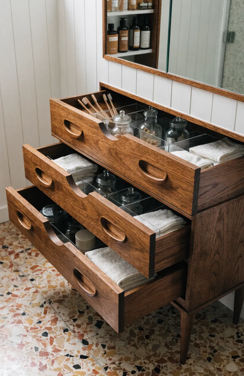 A walnut bathroom vanity with open drawers showing organized storage and a mirrored cabinet.