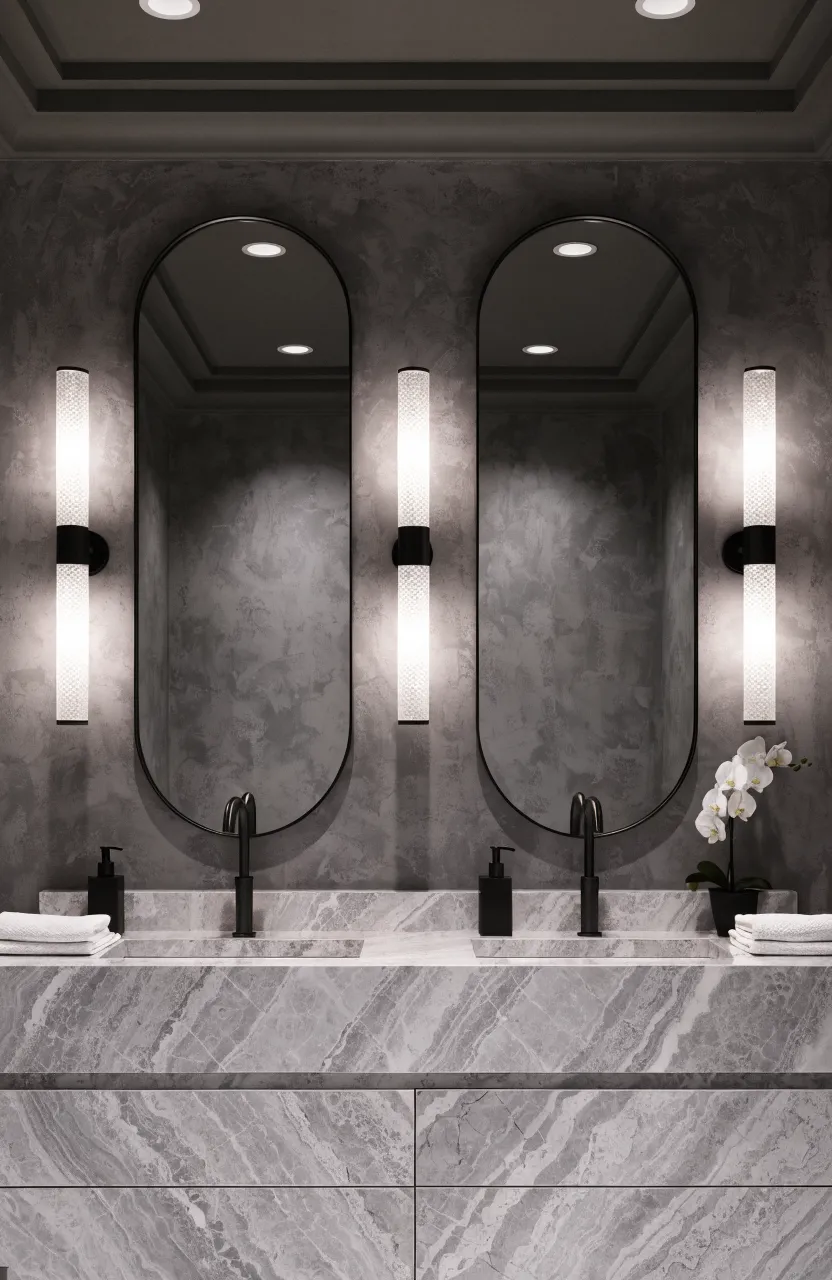 A symmetrical bathroom wall with two arched mirrors and four modern black sconces.