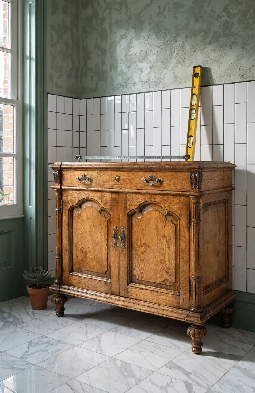 A vintage oak sideboard positioned in a bathroom, ready for conversion into a custom vanity.