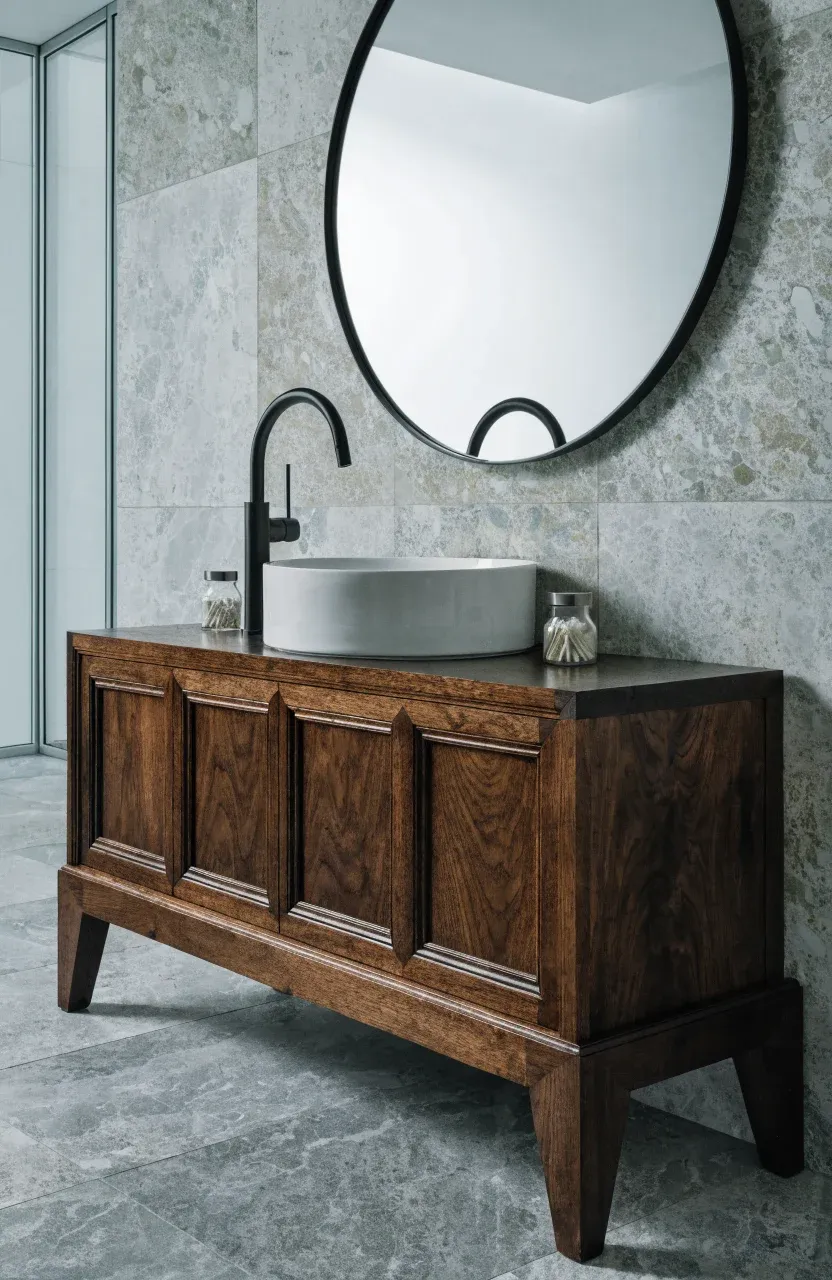 A modern white vessel sink and black faucet installed on a dark wood sideboard vanity.