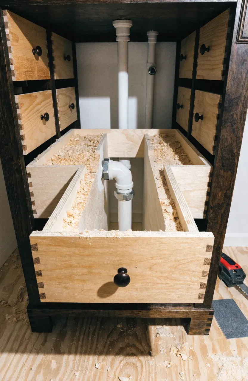 Interior view of a sideboard vanity with a custom U-shaped drawer modified to fit around plumbing.