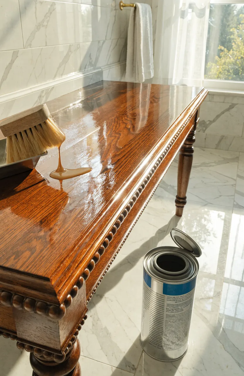 A cherry wood sideboard vanity top with a fresh, glossy coat of protective polyurethane sealant.