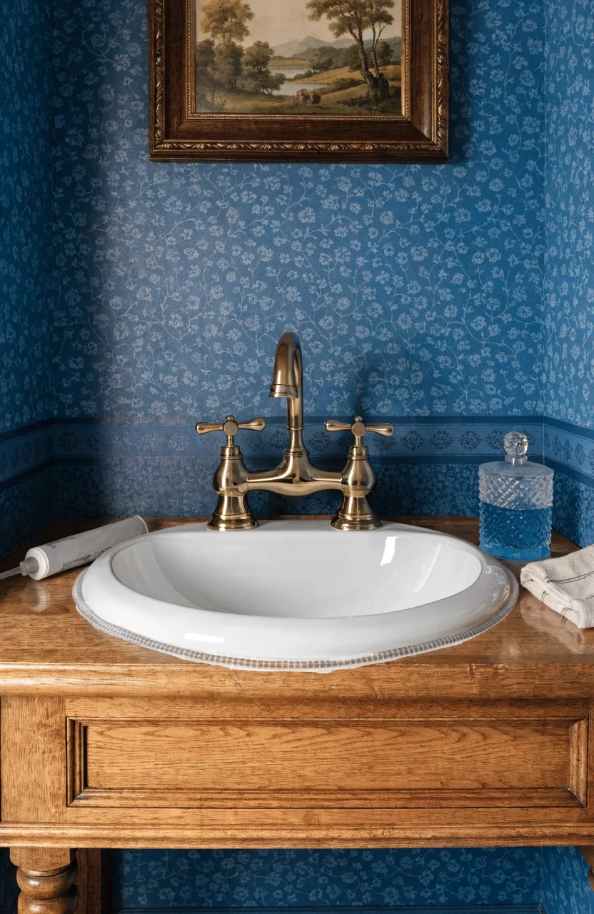 A white sink basin and polished brass faucet installed on a custom wood sideboard vanity.