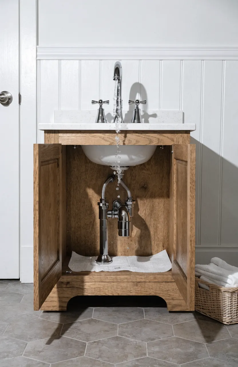 A finished sideboard vanity with open doors showing the plumbing and water running into the sink.