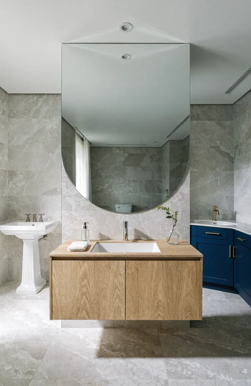 A bright bathroom featuring a floating wood vanity, a pedestal sink, and a corner unit.