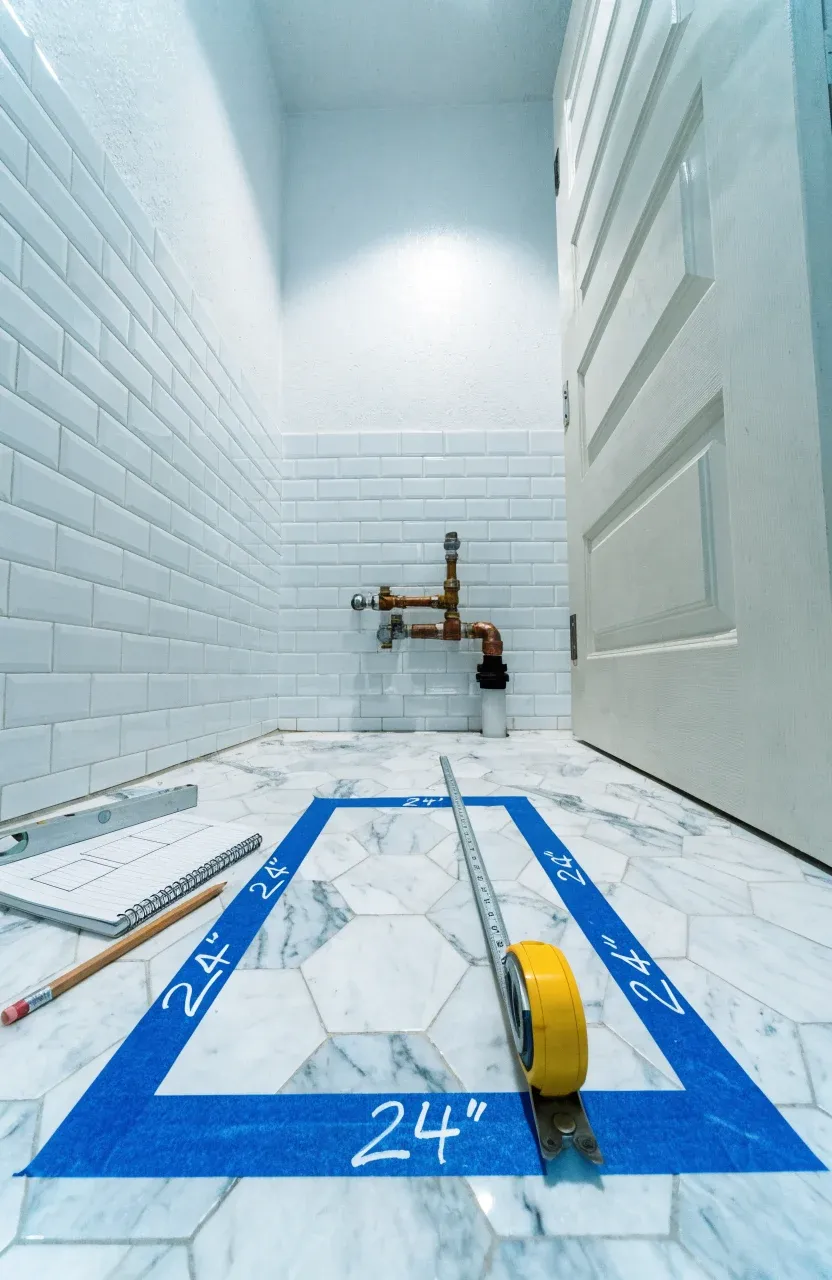 Blue painter's tape on a marble floor marking the footprint of a small vanity near a door.