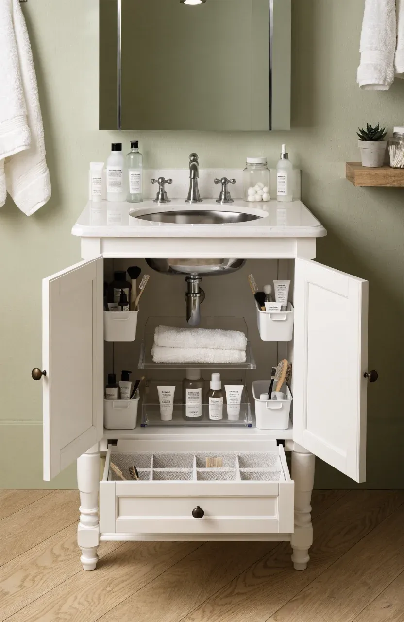 An open white bathroom vanity showing tiered acrylic organizers and door-mounted bins.