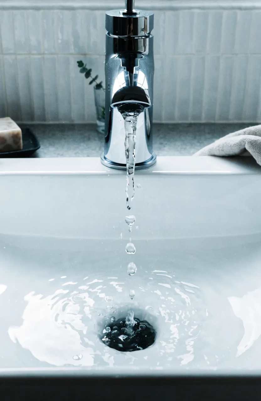 A sleek chrome single-handle faucet installed on a shallow white rectangular bathroom basin.
