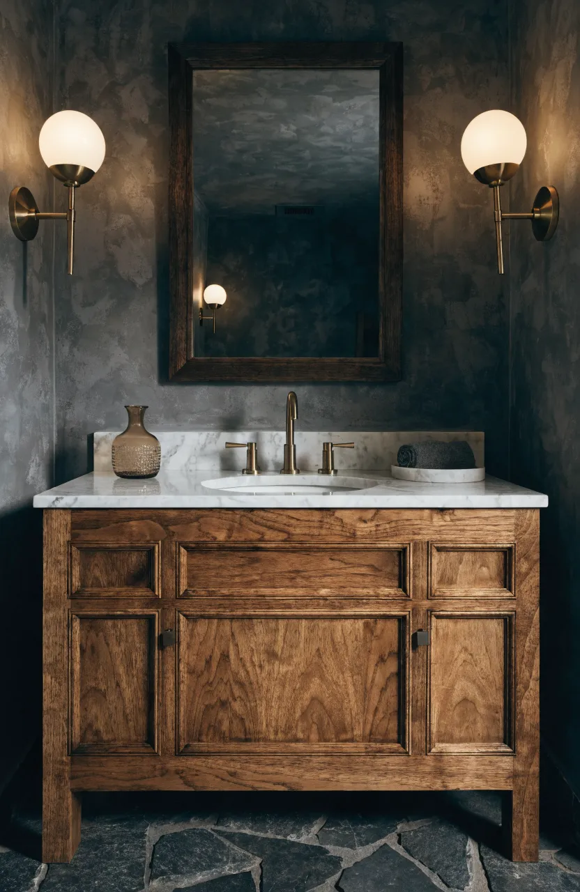 A high-quality walnut wood vanity with a white marble top and brass fixtures in a dark bathroom.