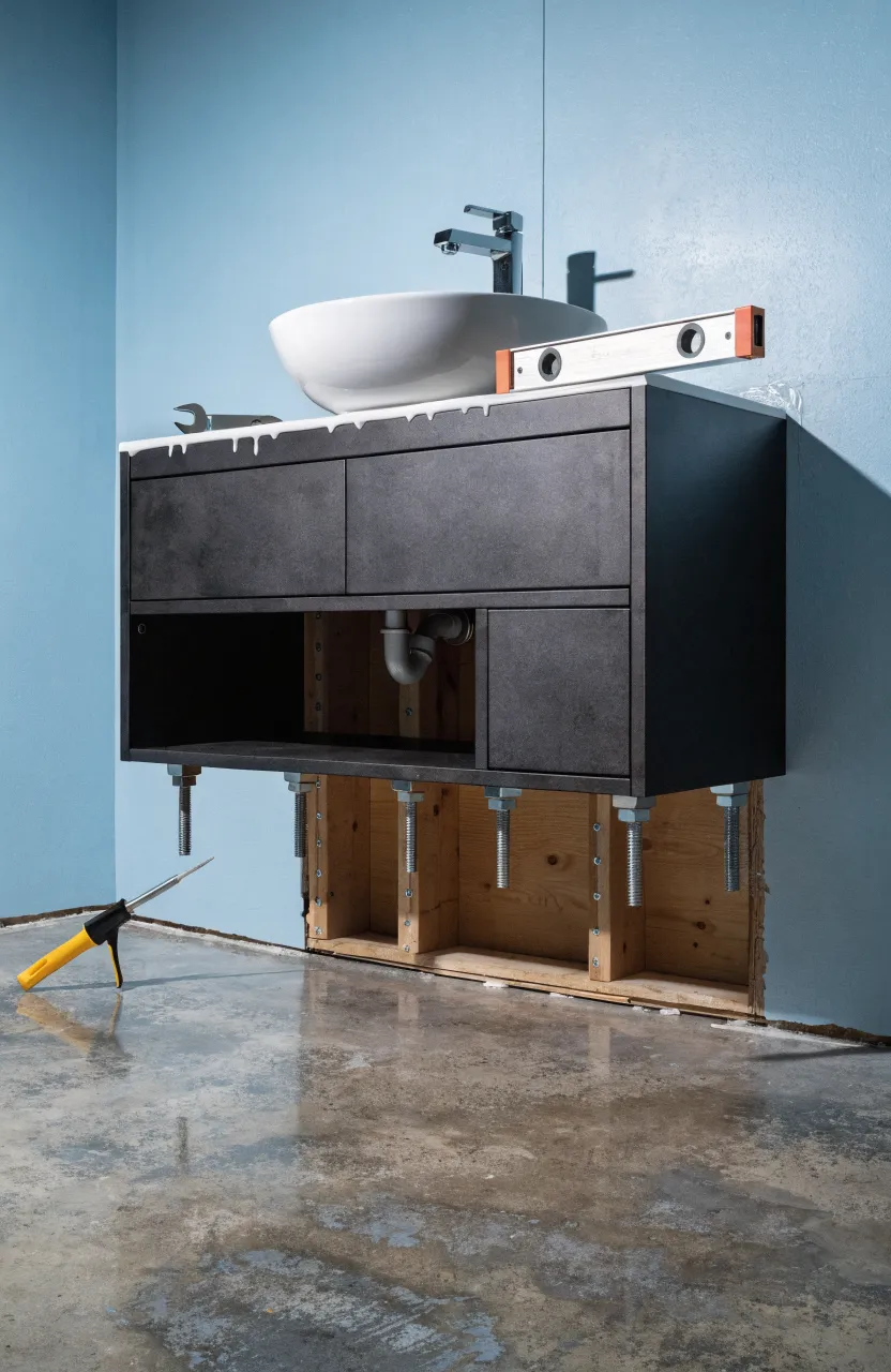 A black floating vanity being installed with visible mounting bolts and a level tool on top.