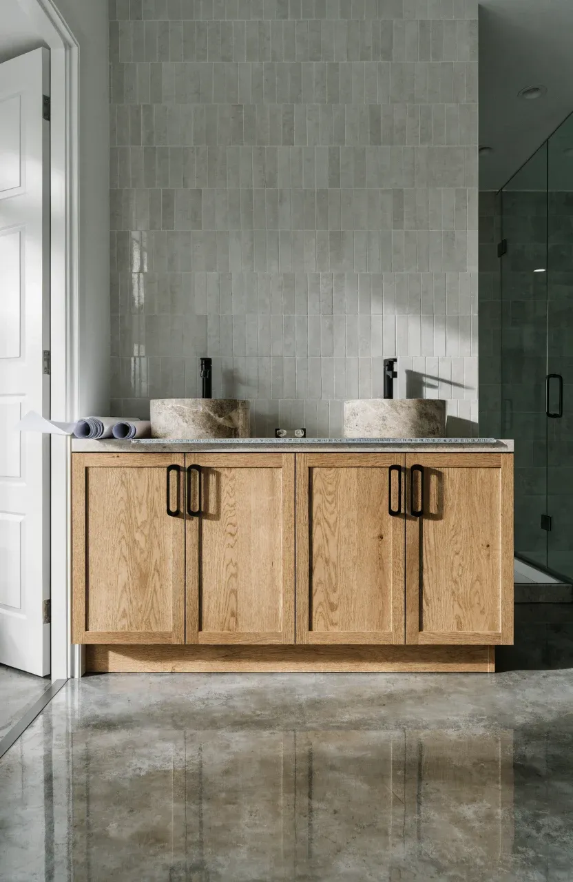 A wide shot of a 60-inch oak double vanity in a gray tiled bathroom with a measuring tape.