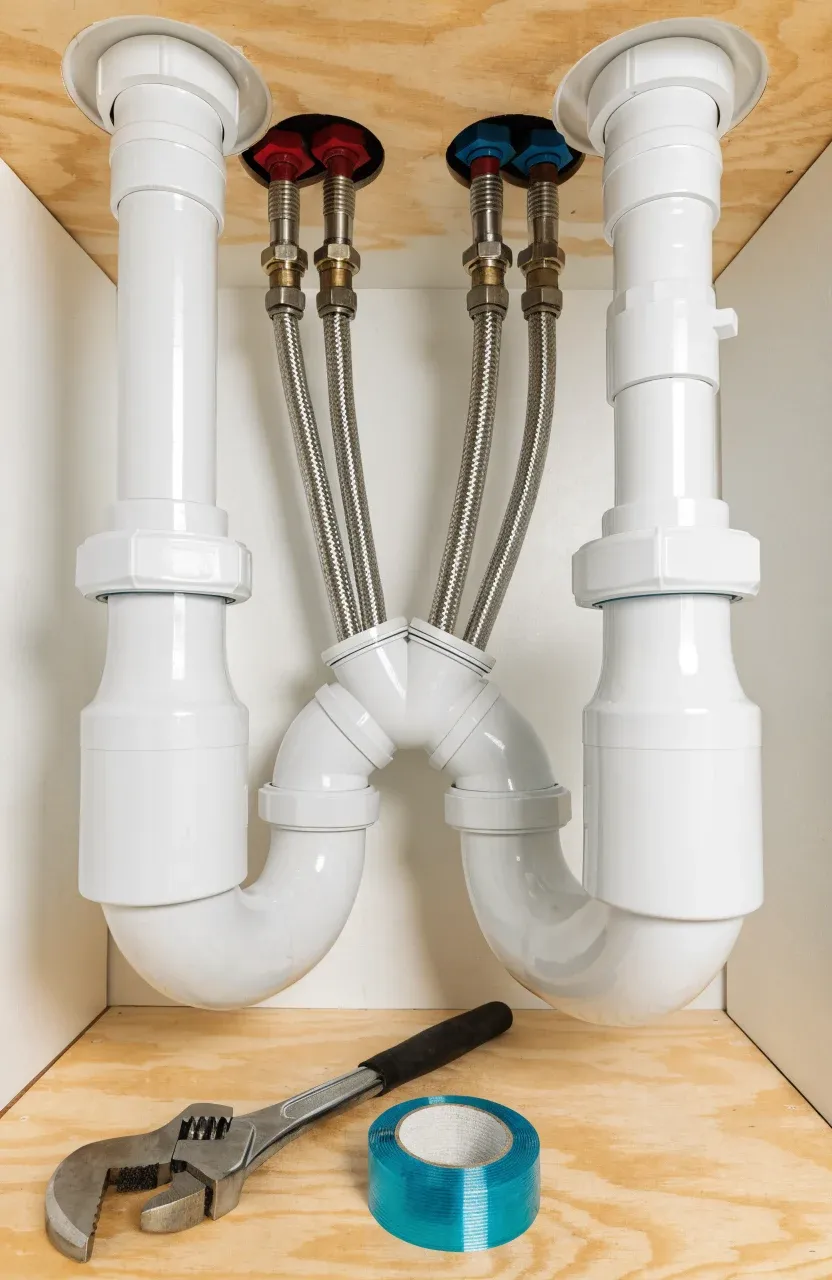 Internal view of a bathroom vanity showing symmetrical PVC drain pipes and steel supply lines.
