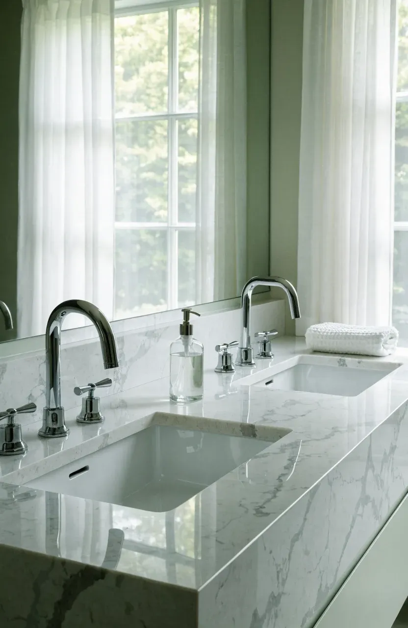 A long white quartz countertop with two undermount sinks and a matching backsplash.