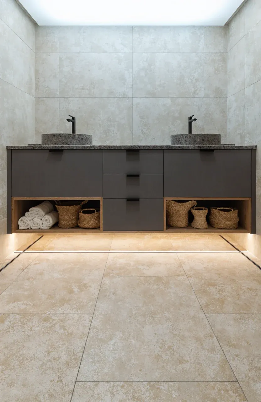 A floating charcoal gray double vanity with central drawers and open shelving for towels.
