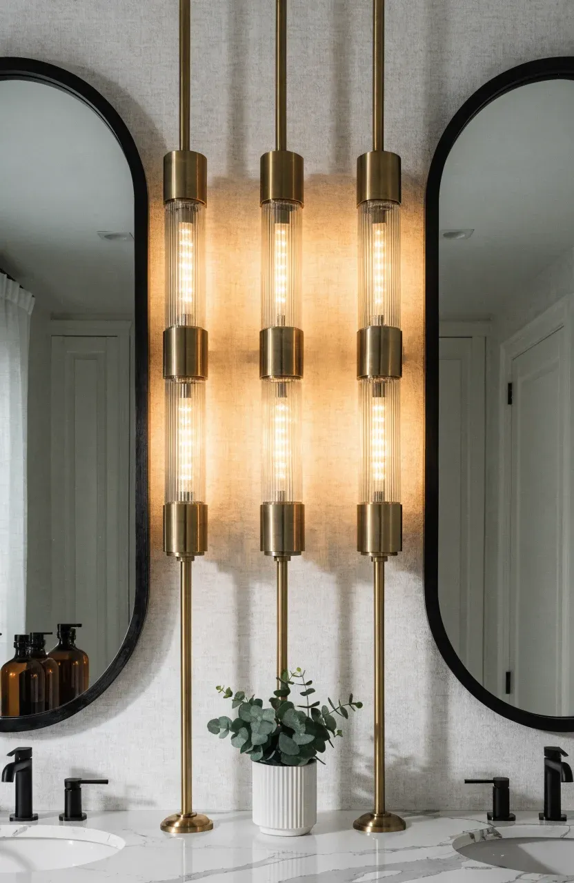 Two arched mirrors with three brass sconces arranged symmetrically over a double vanity.