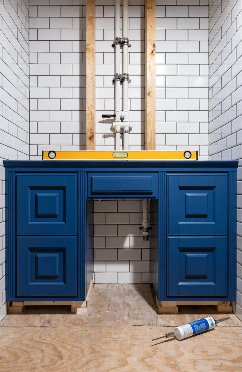 A navy blue double vanity being leveled with a carpenter's tool against a tiled wall.