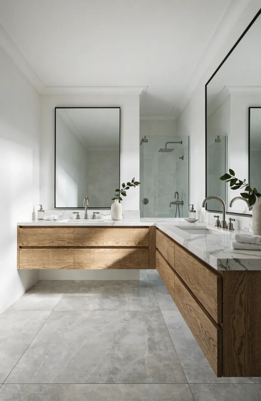 A modern bathroom with two separate oak vanities arranged in an L-shape layout.