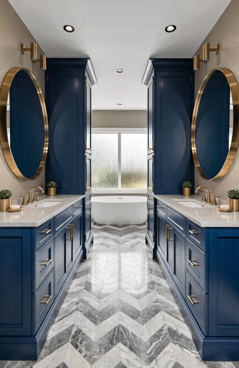 Symmetrical bathroom with two navy vanities facing each other across a marble floor.