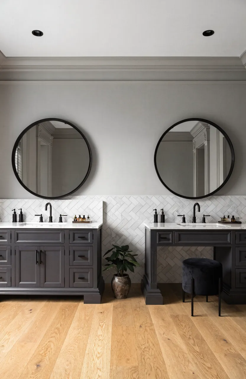 Two charcoal grey vanities with matching marble tops and black mirrors on a single wall.