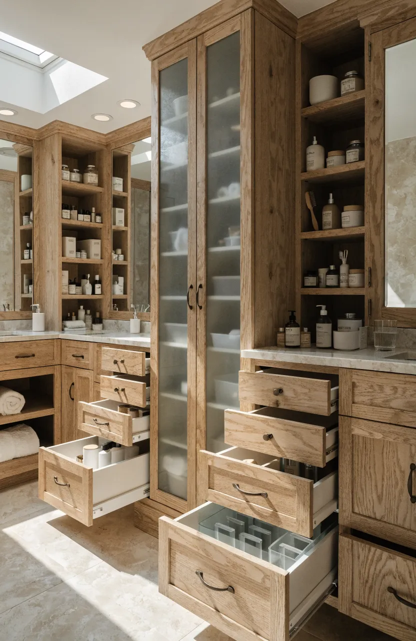 Two wood vanities separated by a tall linen cabinet, showing organized storage drawers.