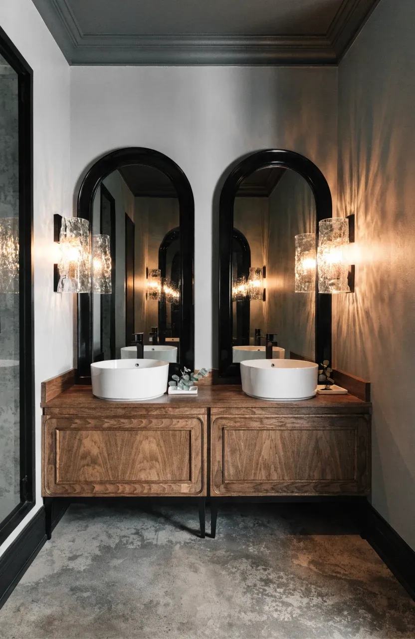 A bathroom with two separate vanities featuring arched mirrors and glowing wall sconces.