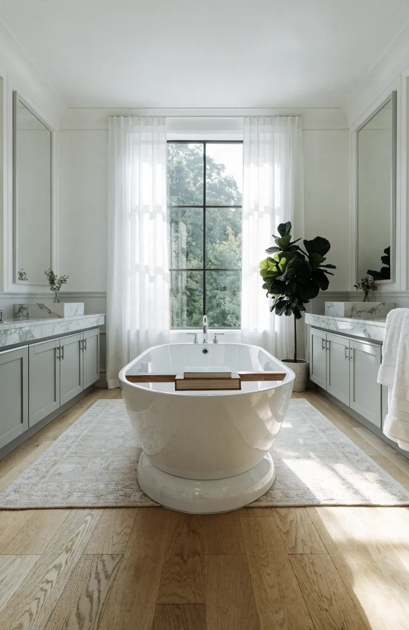 A luxury bathroom with a bathtub and window centered between two separate vanities.