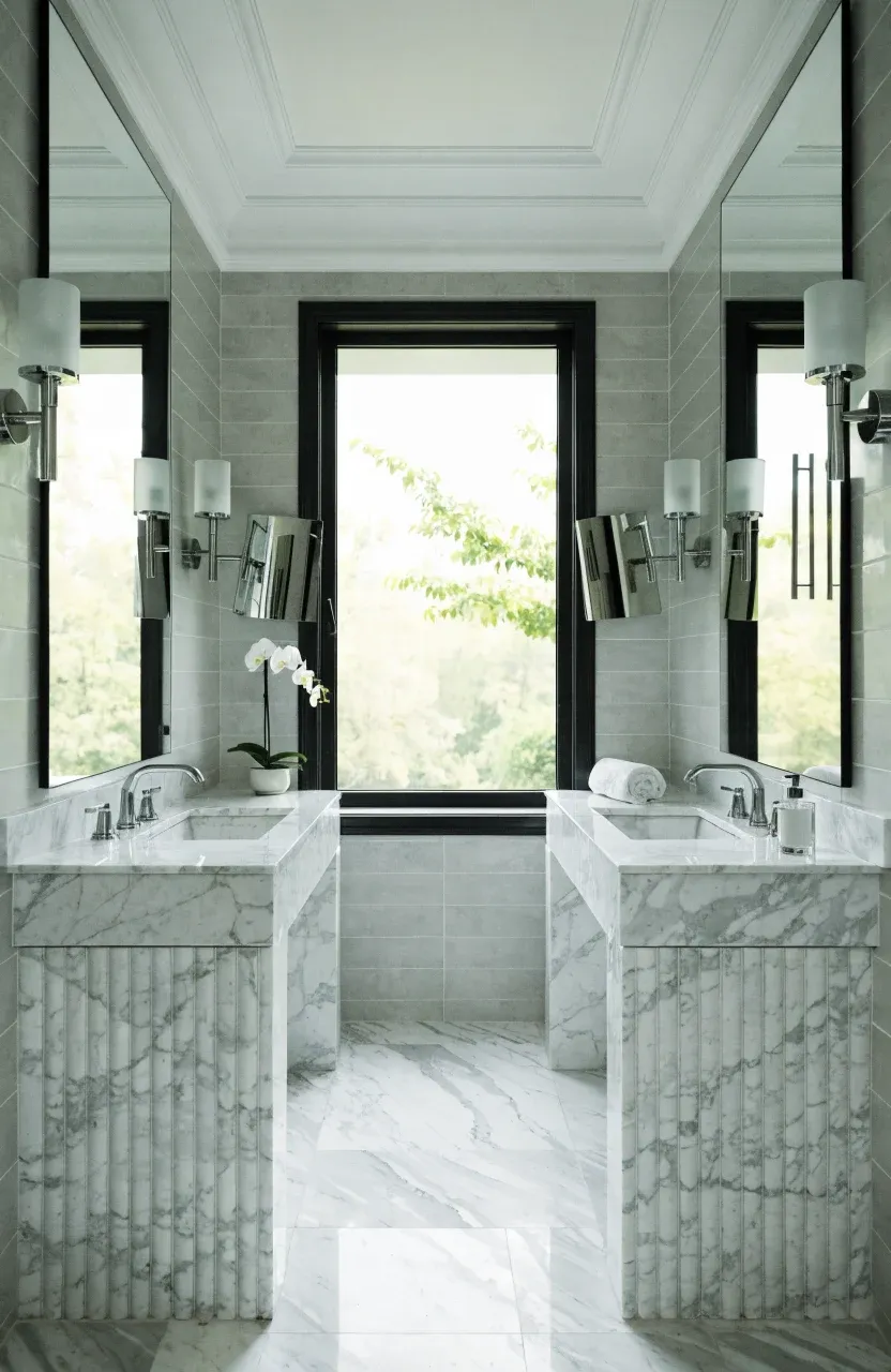 A symmetrical bathroom with a window centered between two vanities and matching mirrors.