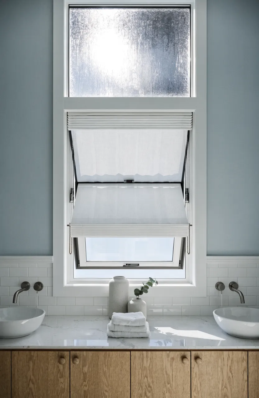 A bathroom featuring a frosted transom window and shades between two vanity sinks.