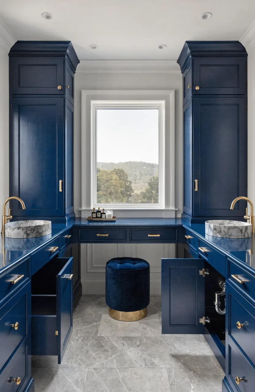 A navy blue double vanity with a central bridge section positioned under a large window.
