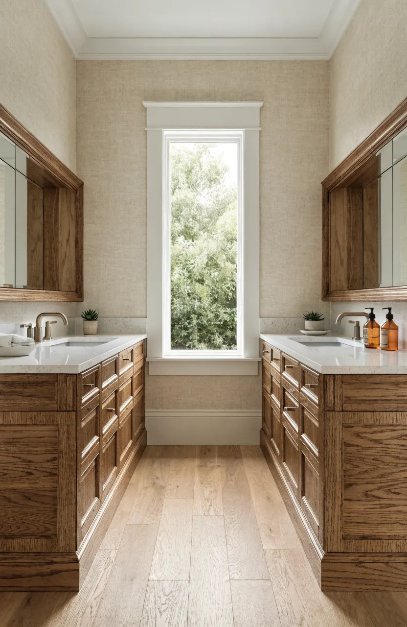 Two large walnut vanities spaced evenly on either side of a central window with white trim.