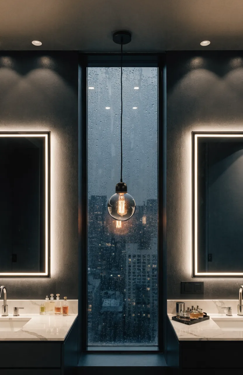 A bathroom with LED-backlit mirrors and a pendant light in front of a central window.