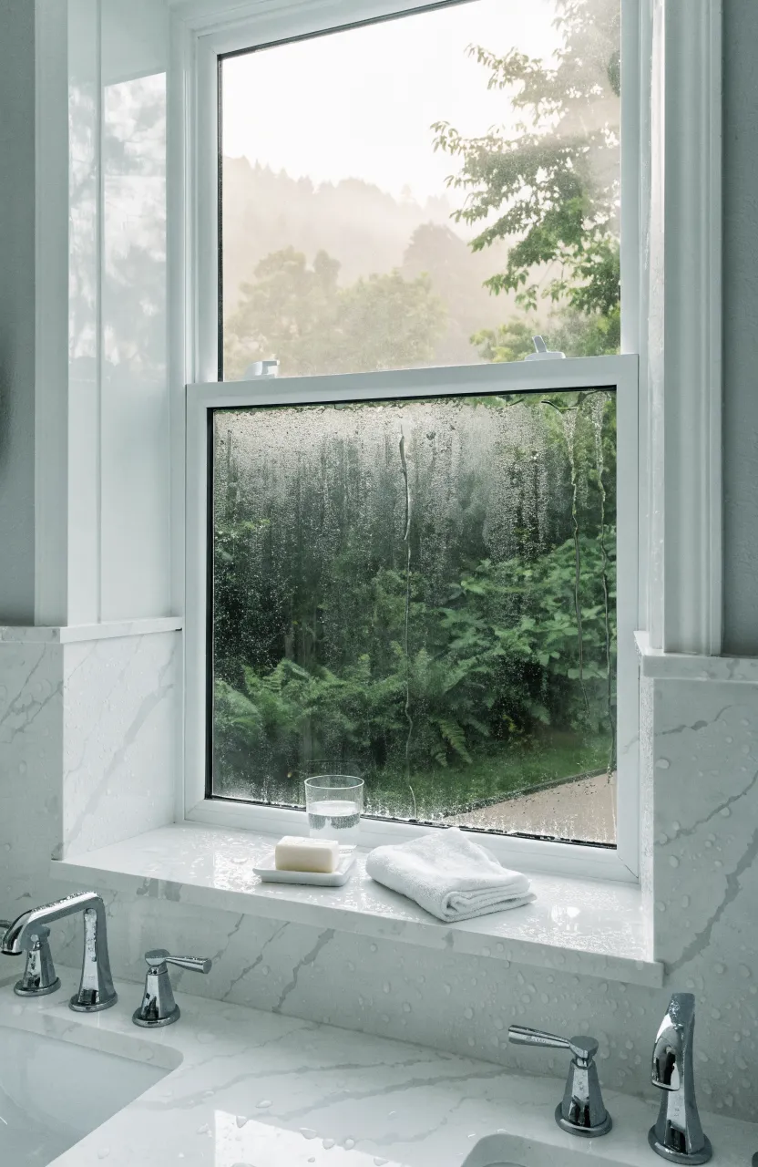 A bathroom window with a quartz stone sill and backsplash for moisture protection.