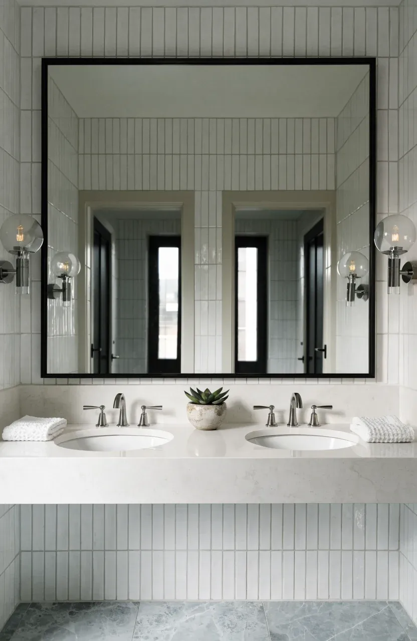 A wide shot of a bathroom vanity with a perfectly sized rectangular mirror and double sinks.