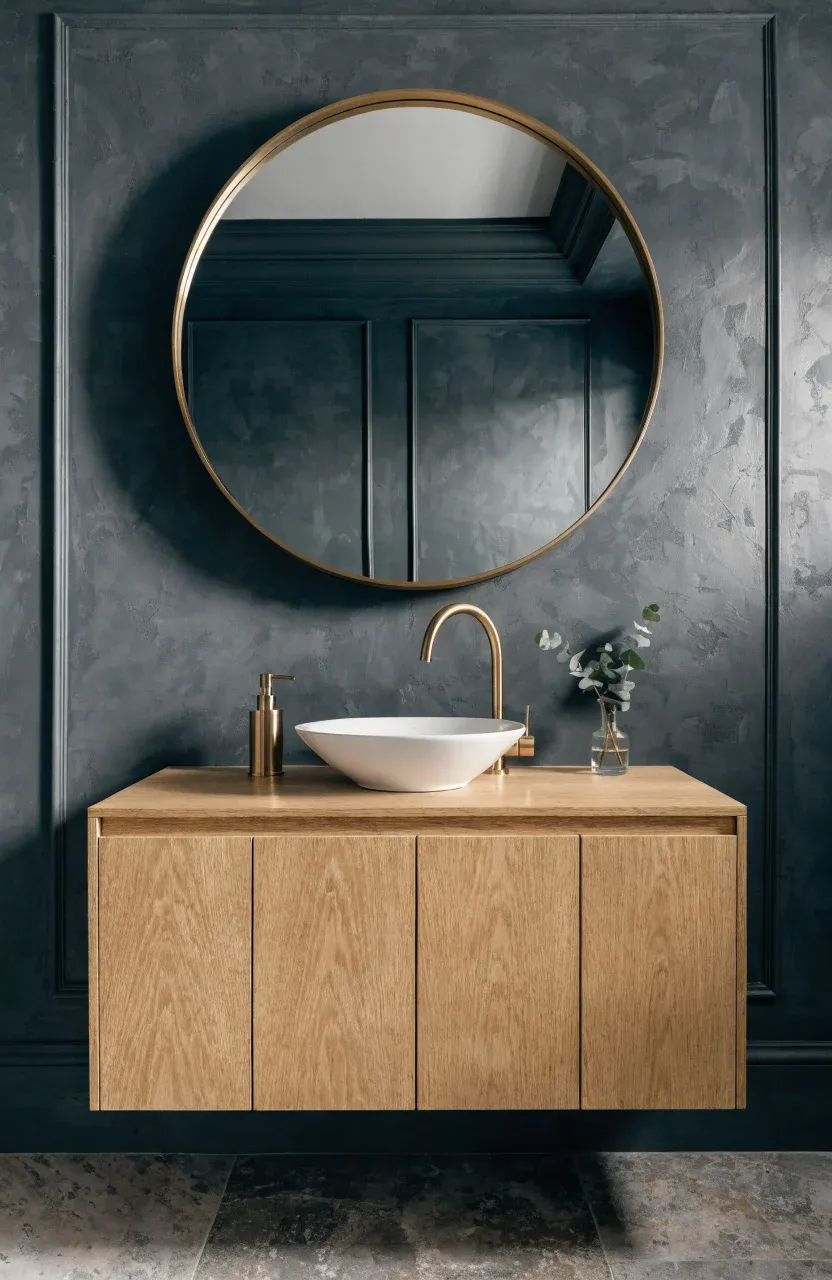 A round brass-framed mirror hanging above a light oak floating vanity on a dark wall.