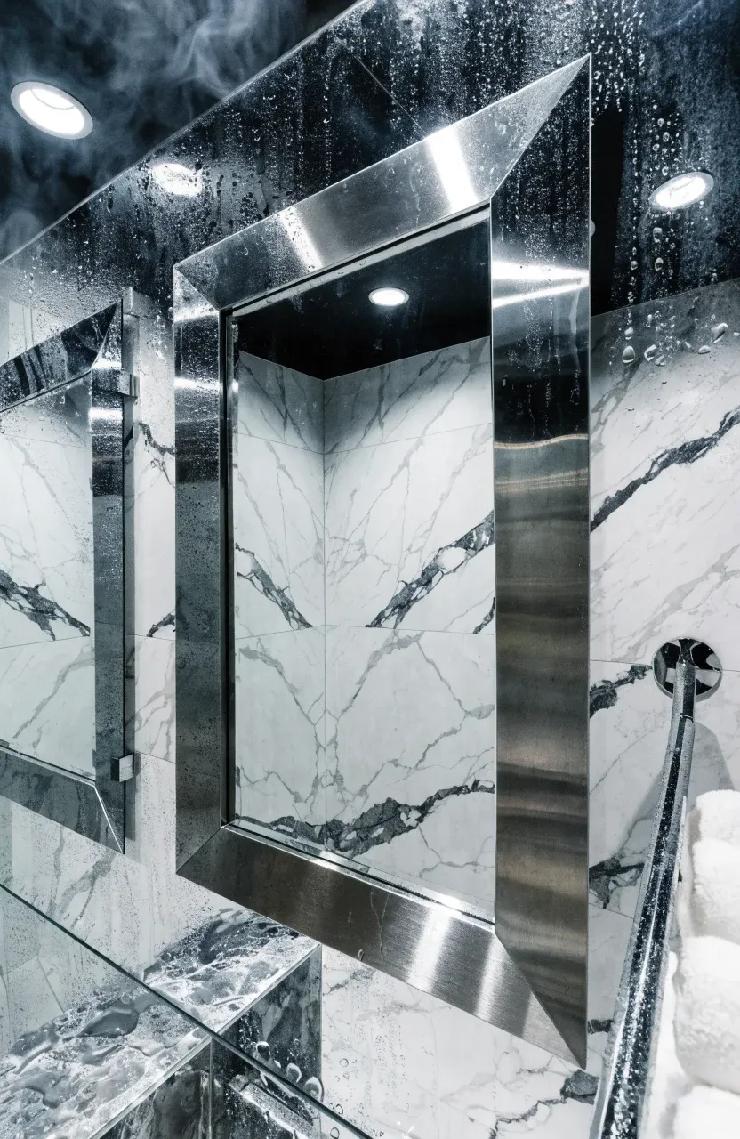 A durable stainless steel framed mirror in a marble-tiled bathroom with moisture-resistant finishes.
