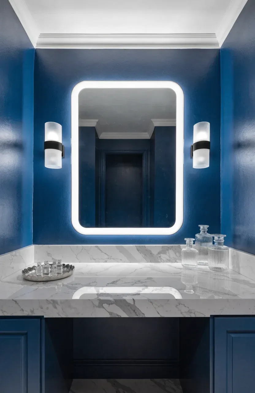 A modern bathroom featuring an LED-backlit mirror and two side sconces for even lighting.