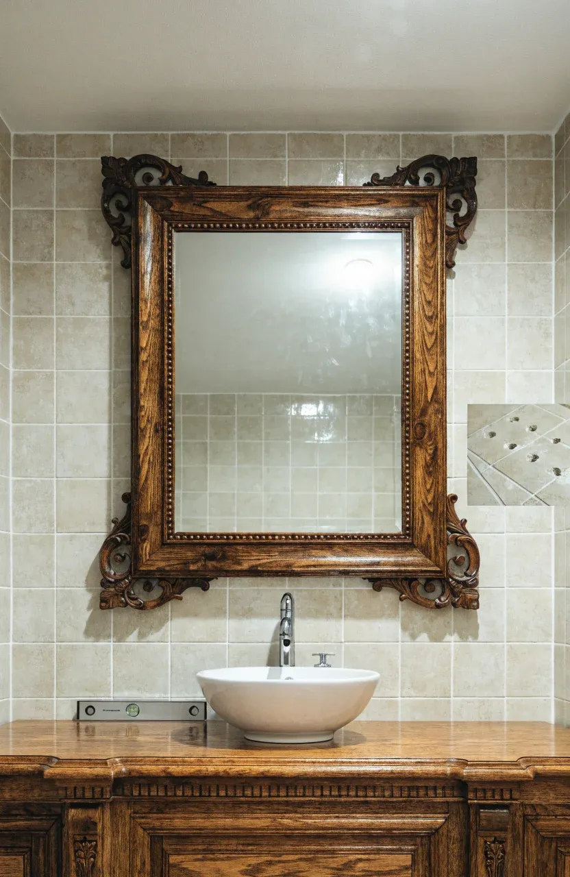 A heavy wood-framed mirror perfectly leveled and installed on a tiled bathroom wall.