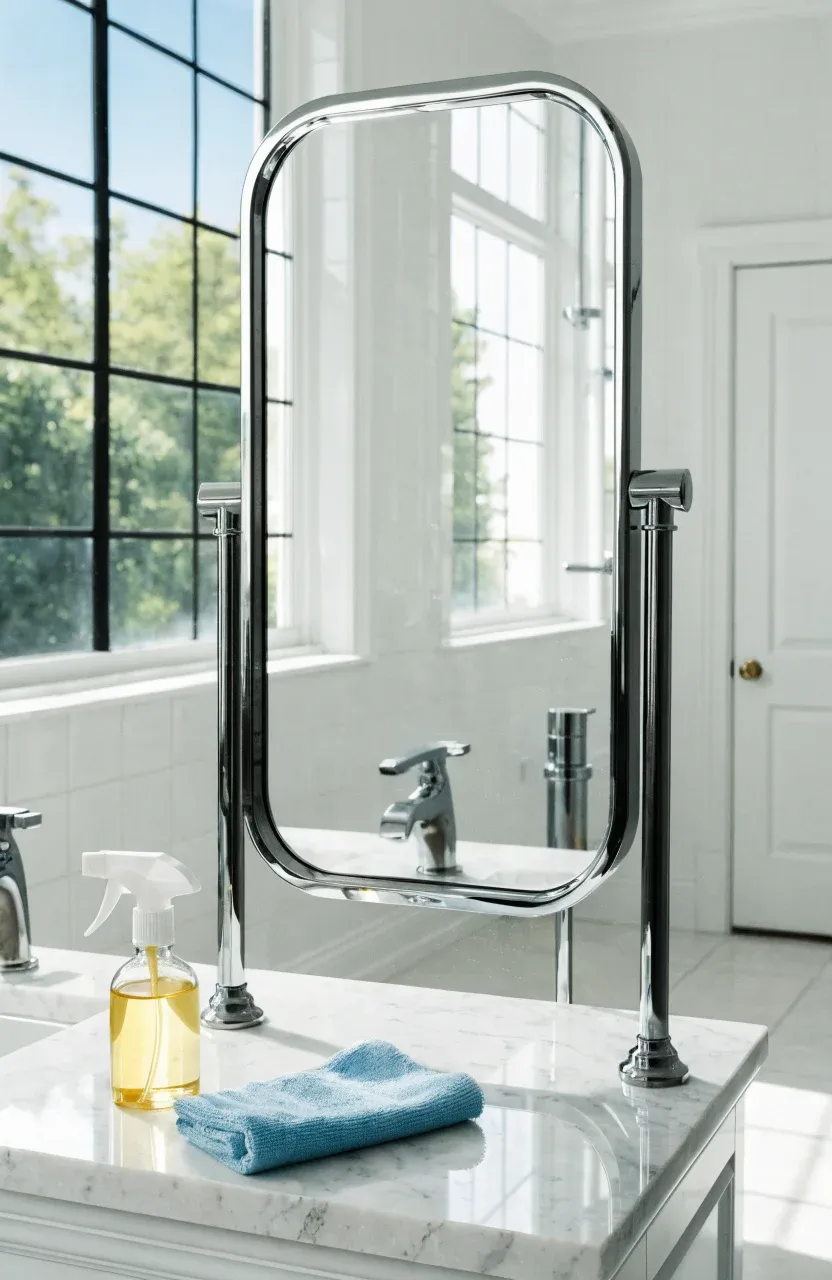 A sparkling clean bathroom mirror with a microfiber cloth and spray bottle on the counter.