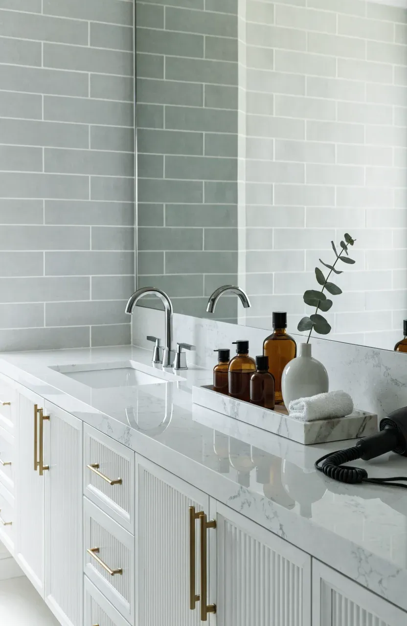 A long white quartz bathroom vanity with a single sink and plenty of open counter space for styling.