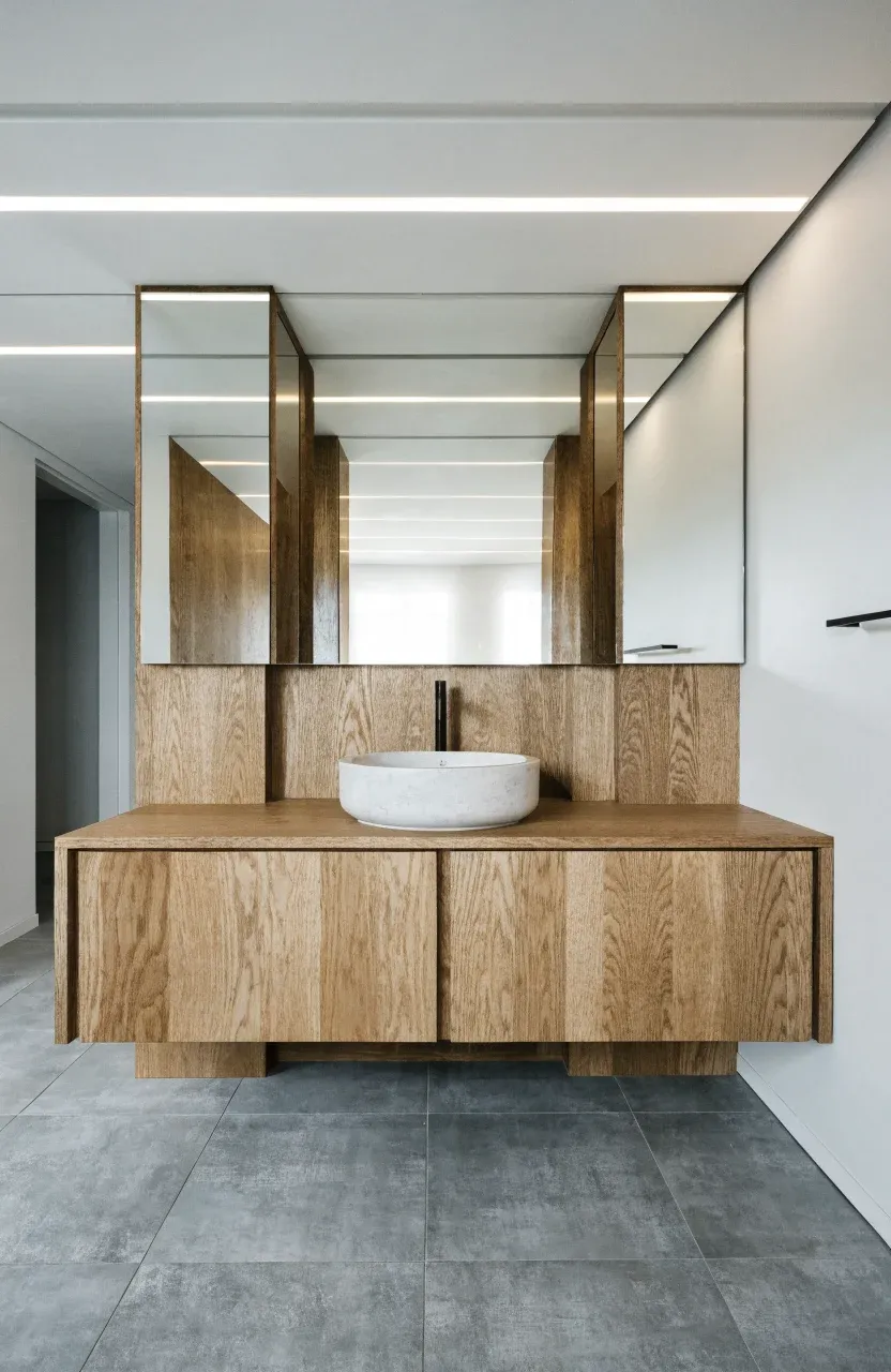 A wide 72-inch oak floating vanity centered in a spacious modern bathroom with a single vessel sink.